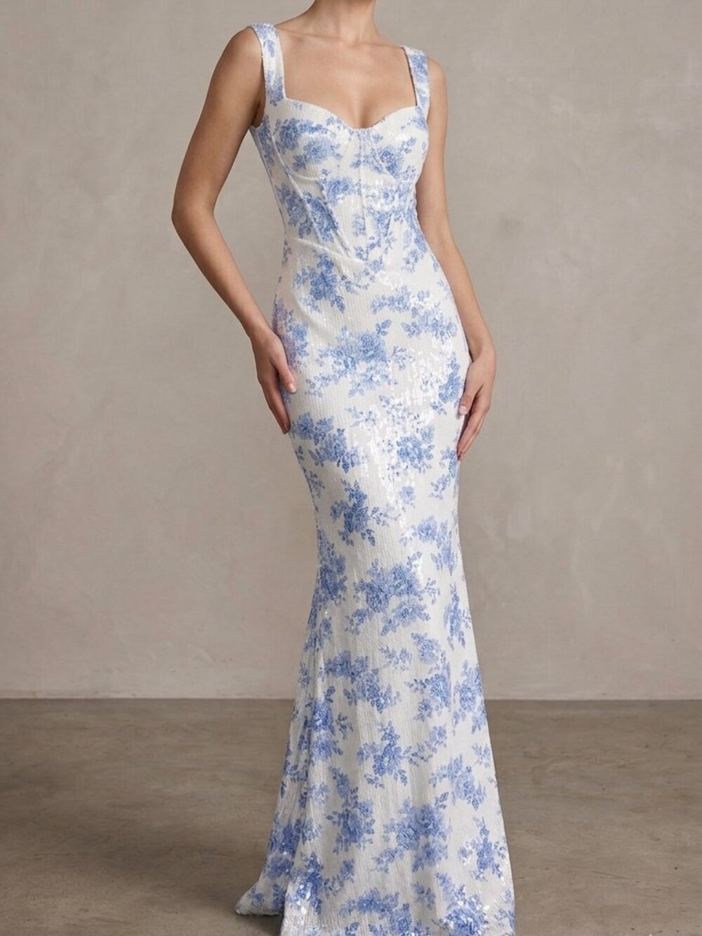 Lovesome Sequin Floral Corset Sweetheart Maxi Dress, Sleeveless, Padded, Size L